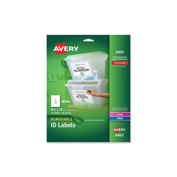 Avery, REMOVABLE MULTI-USE LABELS, INKJET/LASER PRINTERS, 8.5 X 11, WHITE, 25PK